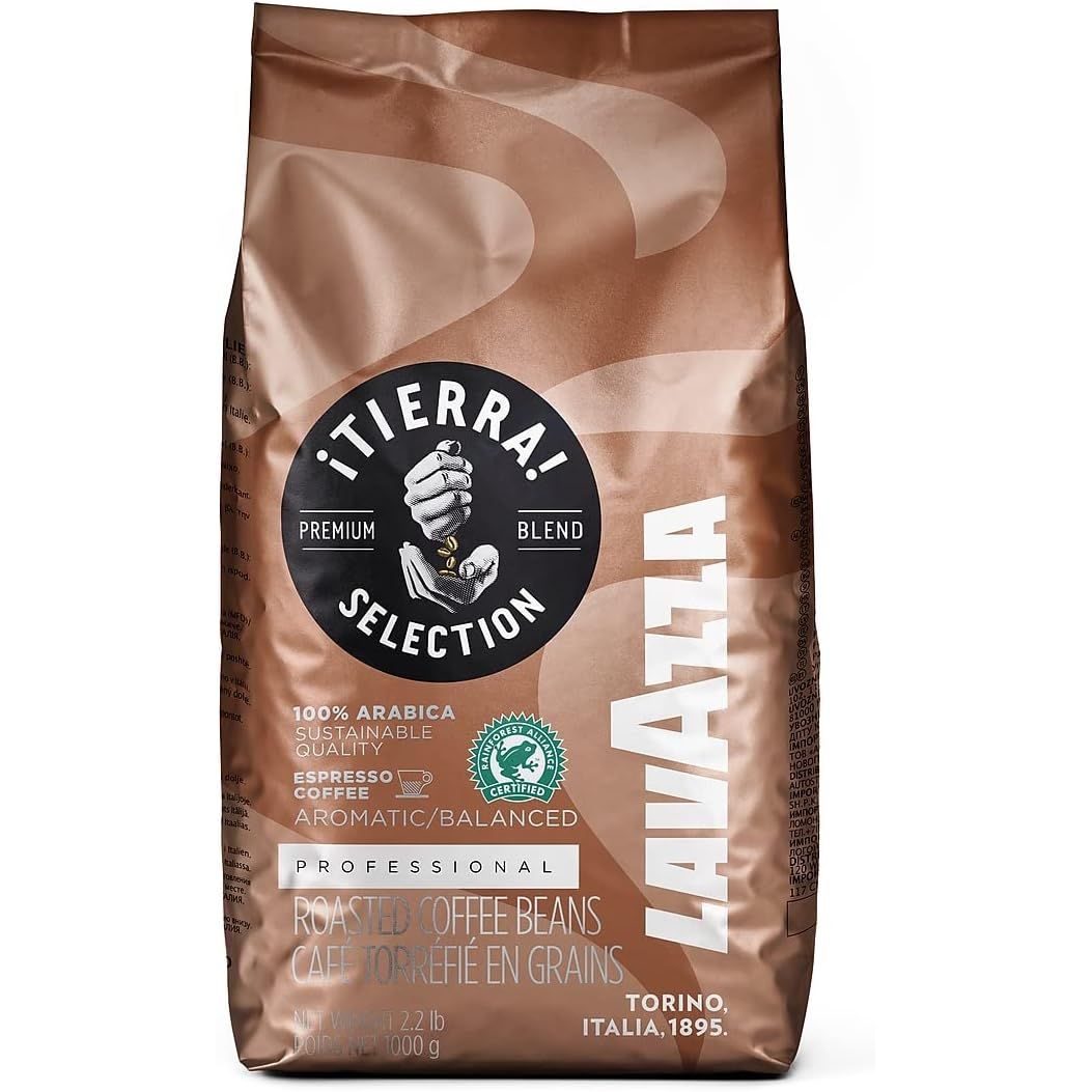 Brown 1 kg package of Lavazza ¡Tierra! Selection whole bean coffee. The front displays the Lavazza logo, the ¡Tierra! Selection name, and design elements highlighting its sustainably sourced coffee blend.