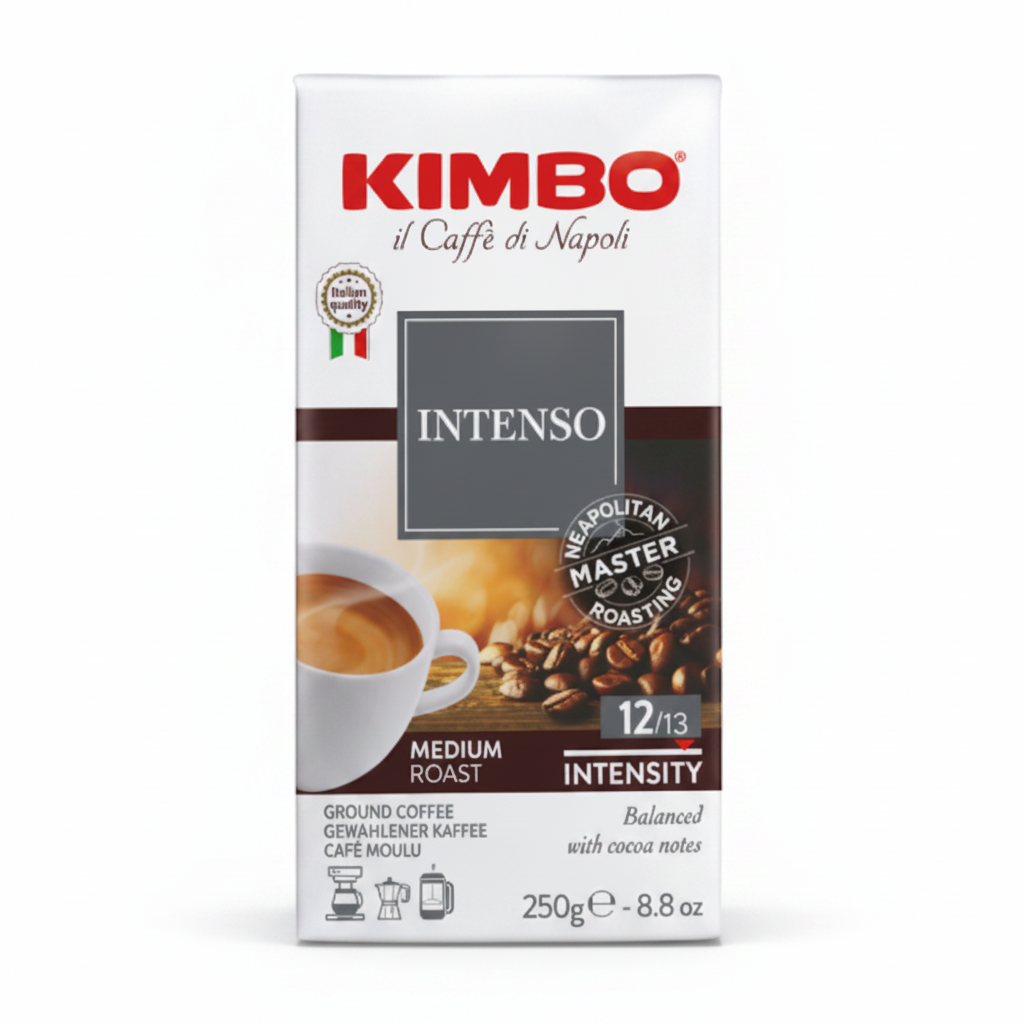 Kimbo Intenso ground coffee 250g pack, medium roast 12/13 intensity
