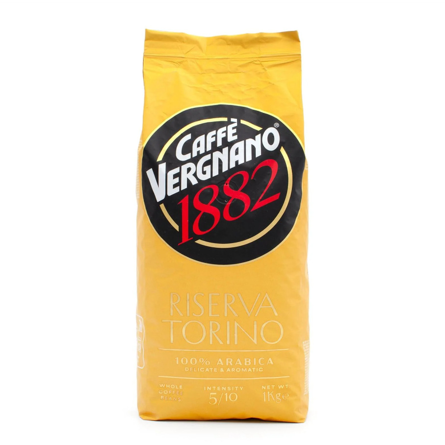 A 1 kg package of Caffè Vergnano Riserva Torino 100% Arabica whole bean coffee with elegant Italian branding, displaying the product name and design elements representing a premium Arabica coffee blend.