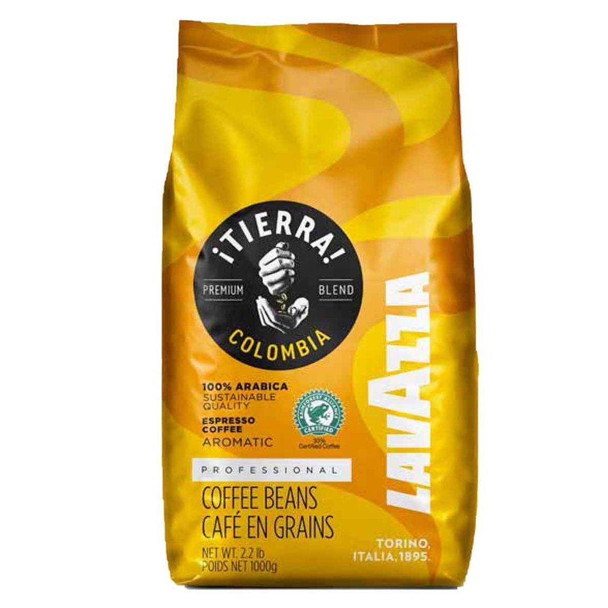 Green 1 kg package of Lavazza ¡Tierra! Colombia whole bean coffee. The front displays the Lavazza logo, the ¡Tierra! Colombia name, and graphics highlighting its Colombian coffee origin.