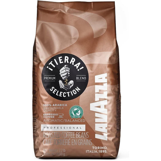 Brown 1 kg package of Lavazza ¡Tierra! Selection whole bean coffee. The front displays the Lavazza logo, the ¡Tierra! Selection name, and design elements highlighting its sustainably sourced coffee blend.