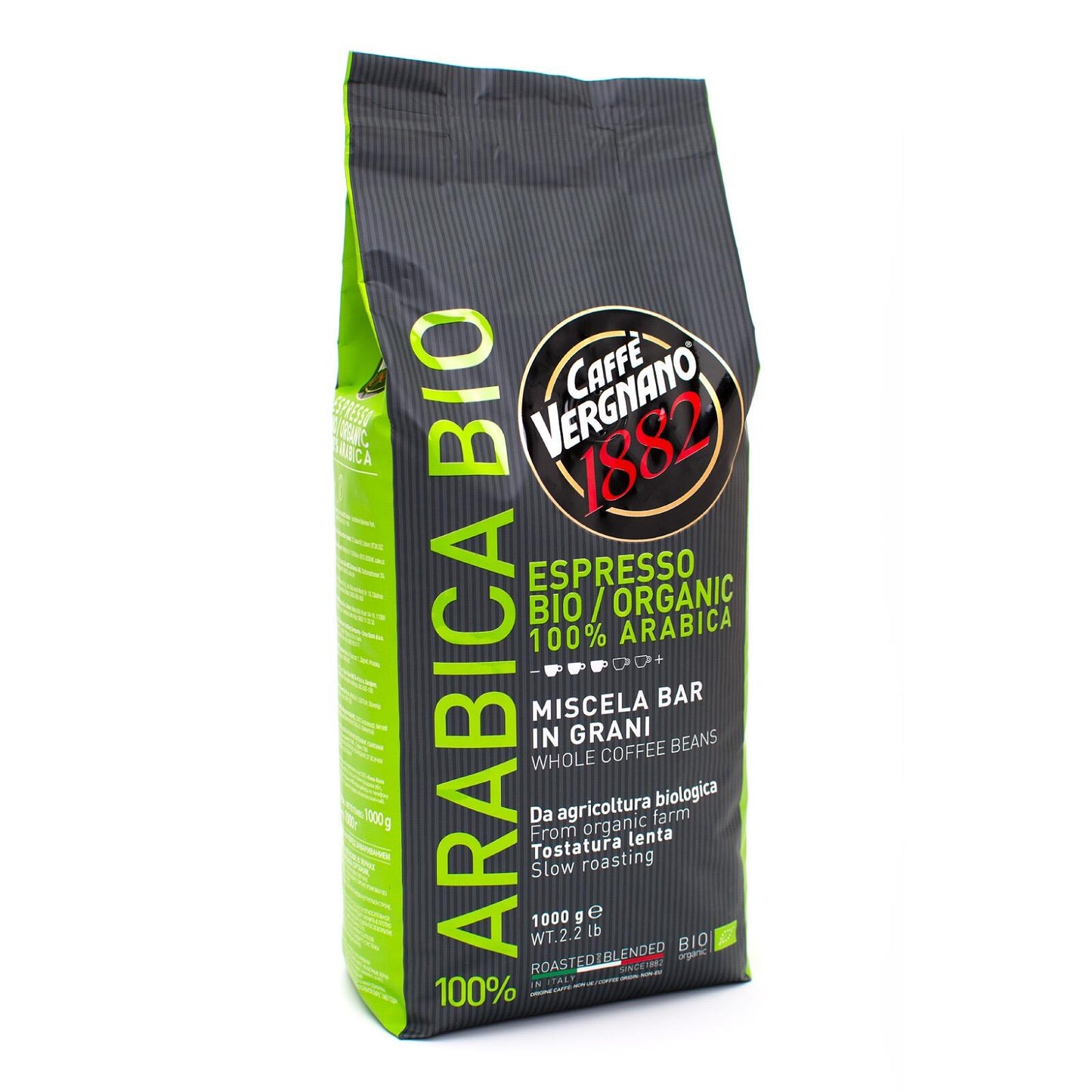 A 1 kg package of Caffè Vergnano Bio 100% Arabica whole bean coffee featuring the Caffè Vergnano logo, organic certification details, and premium Italian coffee design.