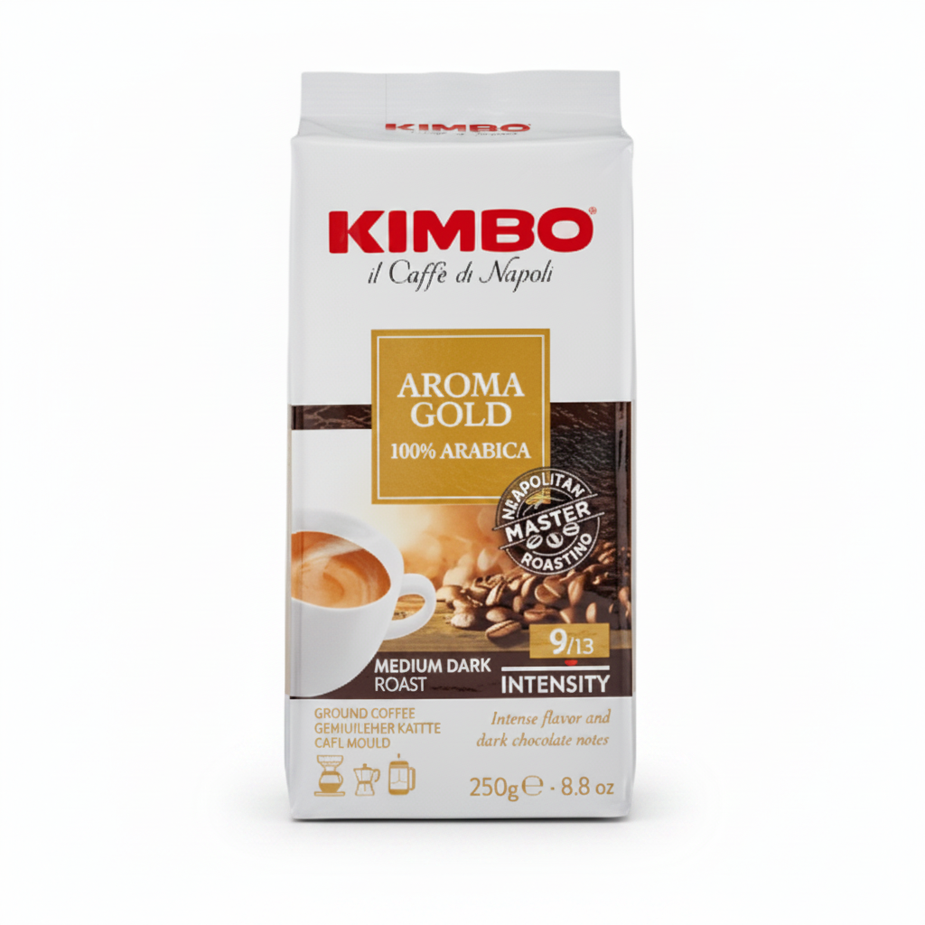 Kimbo Aroma Gold 100% Arabica ground coffee 250g pack, medium dark roast