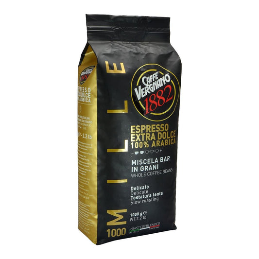 A 1000g bag of Coffe' Vergnano 1882 Espresso Extra Dolce Miscela Bar in Grani coffee beans, featuring a black and gold design with red and white text, set against a plain white background.
